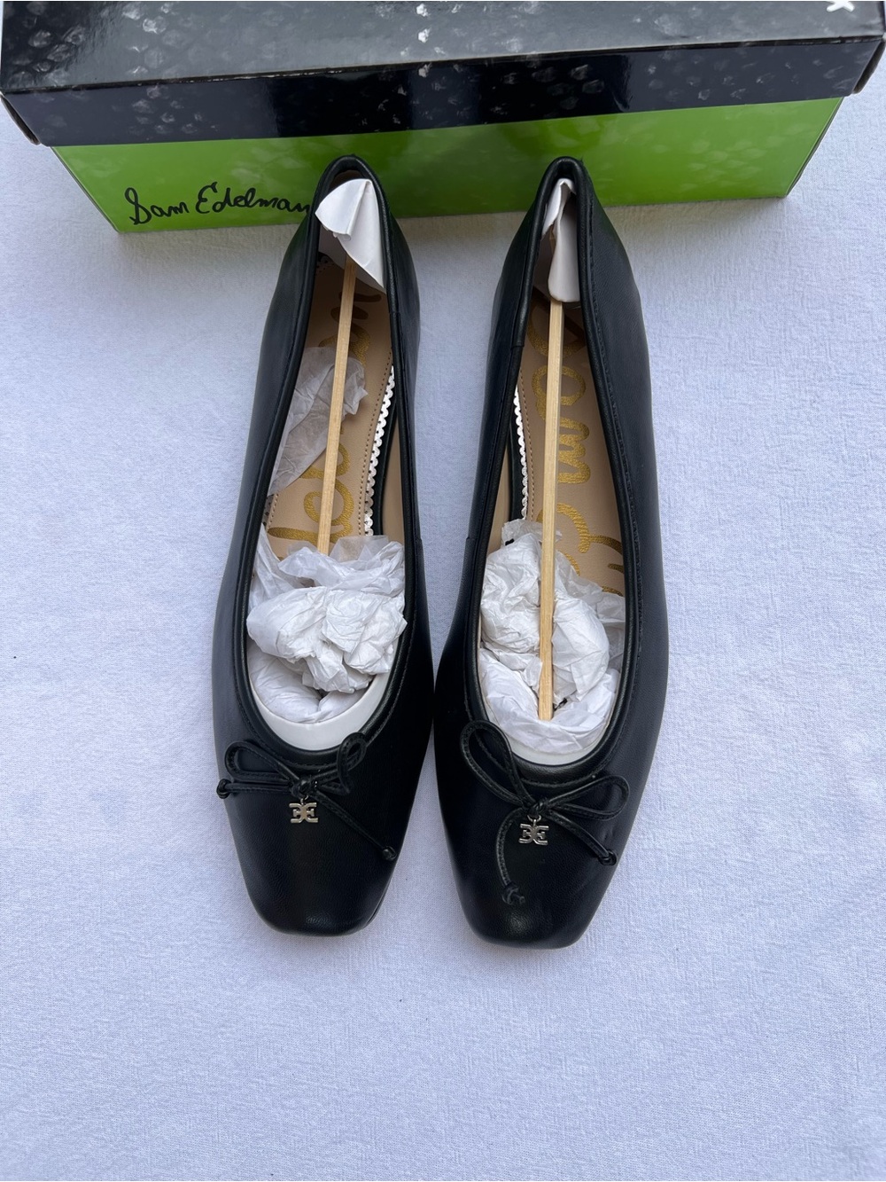 Sam Edelman Black Leather Square-Toe Ballet Flats with Bow